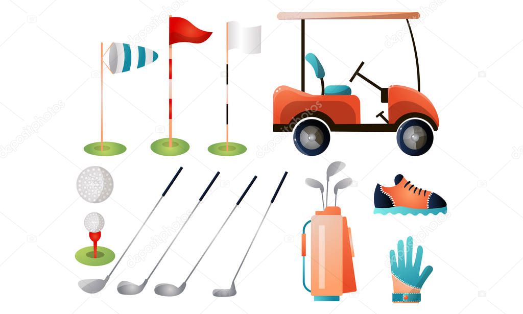 Set of golf equipment and attributes for the game. Vector illustration in flat cartoon style.