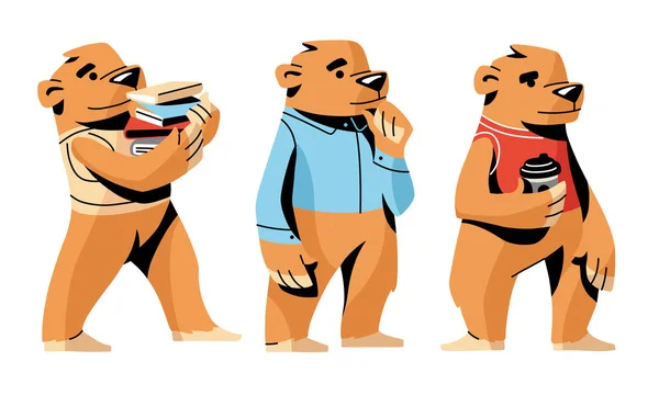Bonitos osos marrones modernos en la vida humana cotidiana vector ilustración — Vector de stock