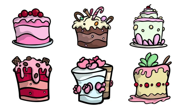 Pasteles dulces con crema y decoraciones vector ilustración — Vector de stock