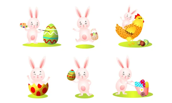 Vtipné růžové králíci hrát a baví vektorové ilustrace — Stockový vektor