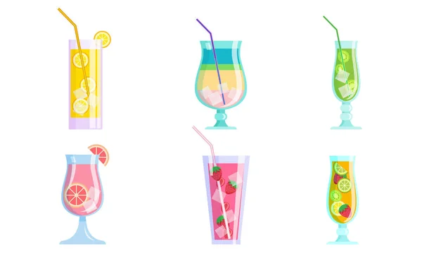 Minuman koktail musim panas dengan buah-buahan dan es batu vektor ilustrasi - Stok Vektor