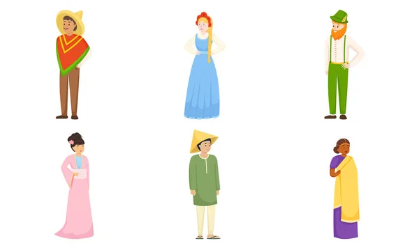 Uomini e donne che indossano vari costumi nazionali illustrazione vettoriale — Vettoriale Stock