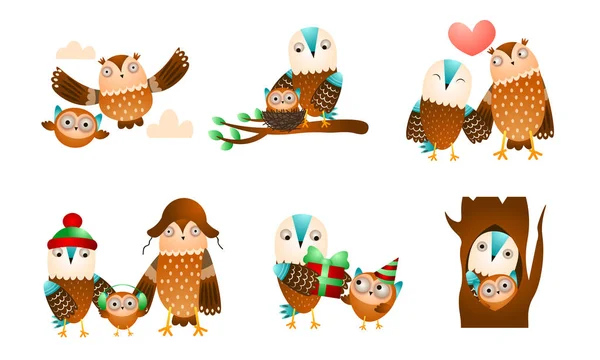 Owl and eagle owl birds families on trees vector illustration — Stock Vector