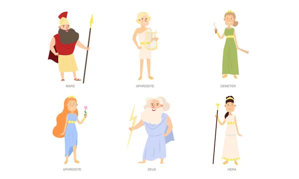 Dioses griegos y diosas en trajes tradicionales especiales vector ilustración — Archivo Imágenes Vectoriales