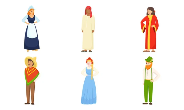 Çeşitli ulusal kostümler giyen kadın ve erkekler vektör illüstrasyonu — Stok Vektör