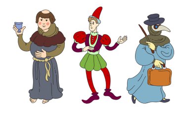 Ortaçağ vektör illüstrasyonundan geleneksel kostümlerdeki karakterler