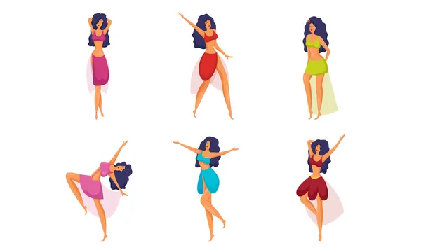 Νεαρές σέξι γυναίκες με πολύχρωμα κοστούμια χορό διανυσματική απεικόνιση — Διανυσματικό Αρχείο