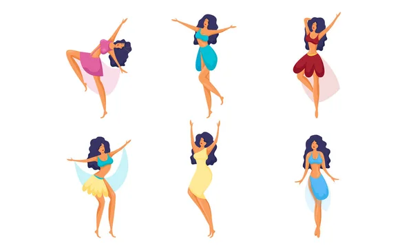 Giovani donne in costumi colorati danza e movimento vettoriale illustrazione — Vettoriale Stock