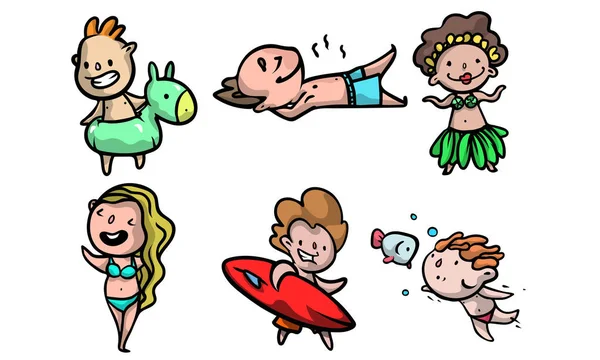 Niños en traje de baño disfrutando de vida activa de verano vector ilustración — Archivo Imágenes Vectoriales