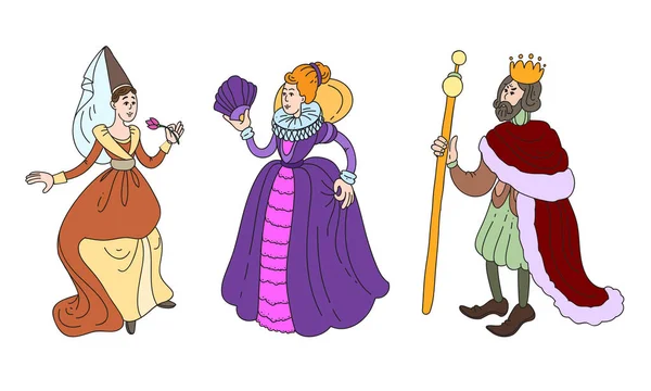 Král, královna a družička v kostýmech vektorové ilustrace — Stockový vektor