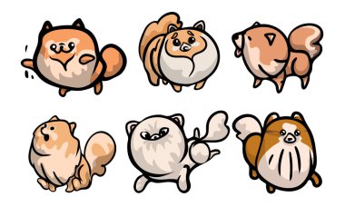 Farklı eylemlerdeki sevimli köpek karakterleri. Çizgi film tarzında vektör illüstrasyonu.