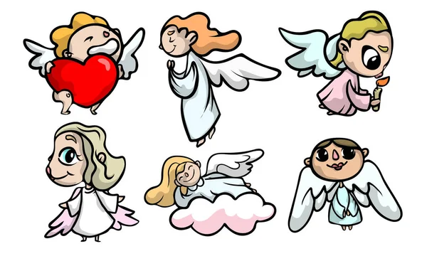 Zestaw ładny piękny anioł dzieci ze skrzydłami. Ilustracja wektora w stylu płaskiej kreskówki. — Wektor stockowy