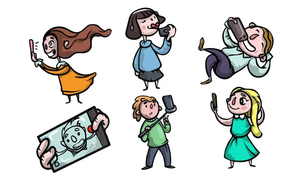 Conjunto de divertidos personajes sonrientes felices haciendo una selfie. Ilustración vectorial en estilo plano de dibujos animados . — Vector de stock