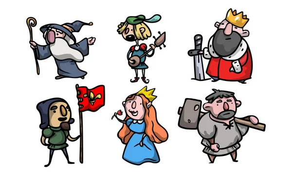 Set van leuke en grappige middeleeuwse personages van verschillende mensen. Vector illustratie in platte cartoon stijl. — Stockvector