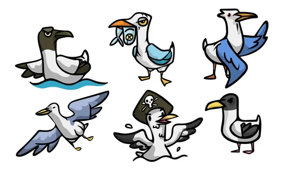 Conjunto de carácter gaviota lindo y divertido en diferentes situaciones. Ilustración vectorial en estilo plano de dibujos animados . — Archivo Imágenes Vectoriales