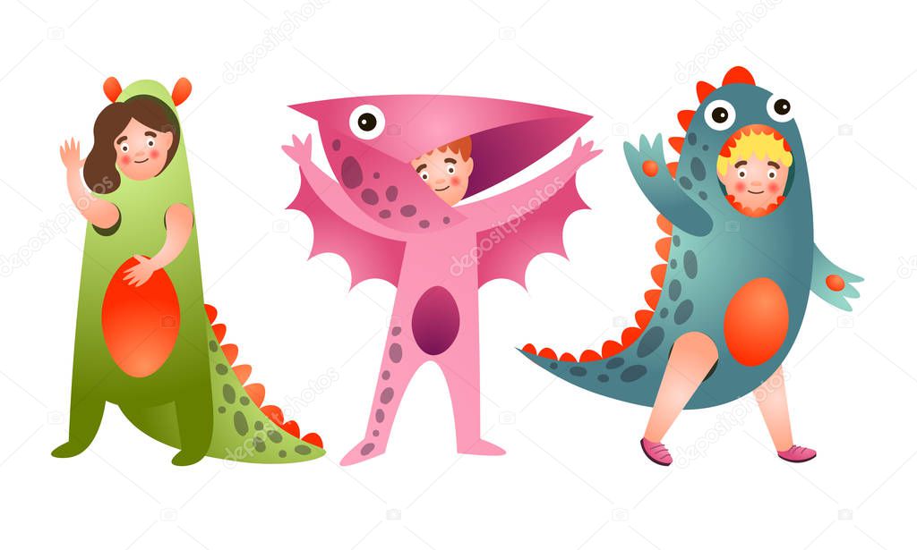 Set of cute smiling boys and girls in colorful dinosaur costumes.Vector illustration in flat cartoon style.
