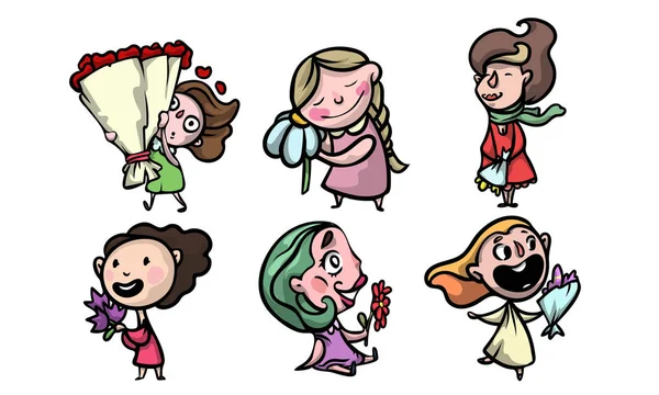 Set von süßen lächelnden Mädchen mit Blumen in verschiedenen Situationen. Vektorillustration im flachen Cartoon-Stil. — Stockvektor