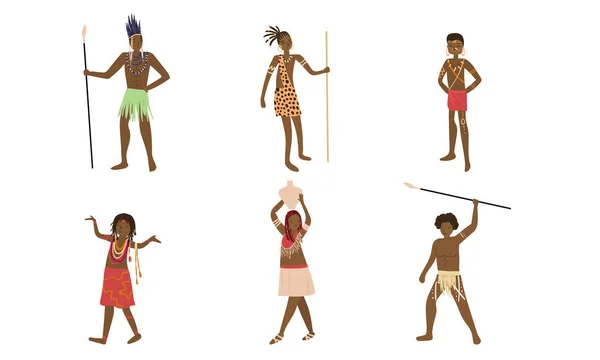 Homens e mulheres Papuan em trajes tradicionais ilustração vetorial — Vetor de Stock