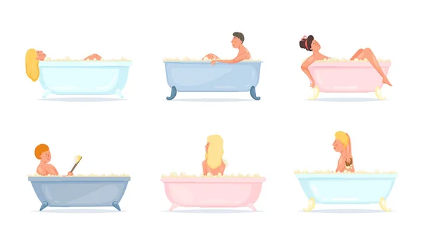 Άνδρες και γυναίκες που κάνουν μπάνιο και χαλαρωτική διανυσματική απεικόνιση — Διανυσματικό Αρχείο