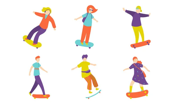 Jungen und Mädchen Teenager fahren Skateboard Vektor Illustration — Stockvektor