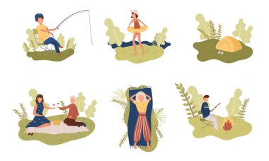 İnsanlar yaz hobileri ve aktivite vektör illüstrasyonları yapıyor