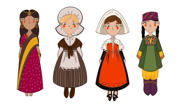 Las mujeres jóvenes que visten con estilo varios trajes nacionales vector ilustración — Vector de stock