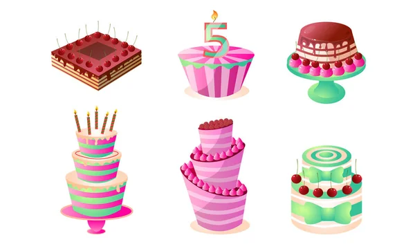 Pasteles decorados para vacaciones e ilustración de vectores de cumpleaños — Vector de stock