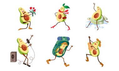 Mutlu avokado karakterleri yaşam vektör illüstrasyonunun tadını çıkarıyor