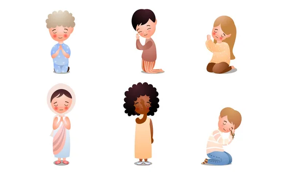 Niños meditando, rezando pidiendo algo ilustración vectorial — Vector de stock