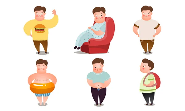Dicke übergewichtige Jungen, die alltägliche Dinge tun — Stockvektor