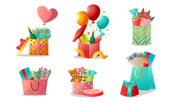 Sacs, boîtes et paniers colorés avec des cadeaux de vacances illustration vectorielle — Image vectorielle