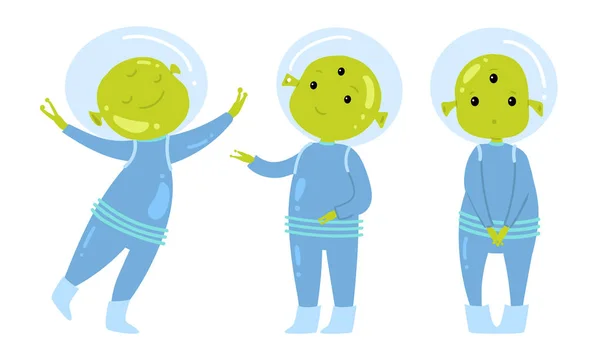 Alien verde feliz en traje azul vector ilustración — Archivo Imágenes Vectoriales