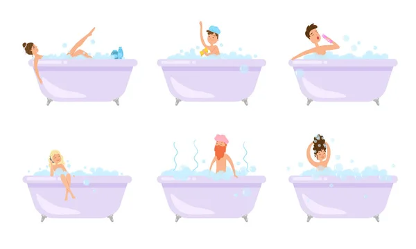 Hombres y mujeres felices tomando baño y relajante ilustración vectorial — Vector de stock