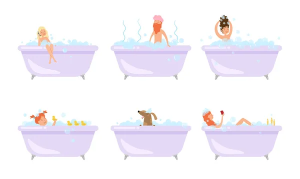 Men, women and dog taking bath and relaxing vector illustration — Stock Vector