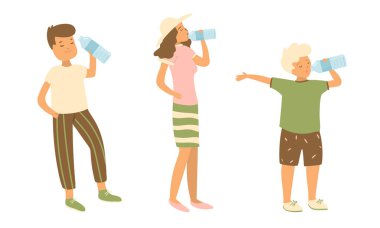 Çocuklar ve kadınlar ayakta duruyor ve su vektörü çizimi içiyorlar