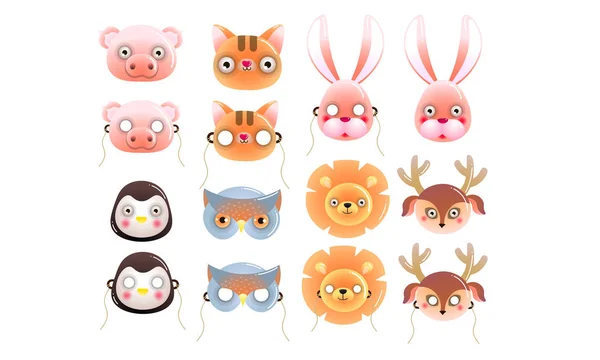Tekenfilm grappig schattig dier gezichten voor kinderen maskers vector illustratie — Stockvector