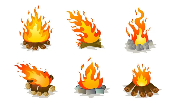 Set von rotem, brennendem Lagerfeuer auf Naturvektorillustration — Stockvektor