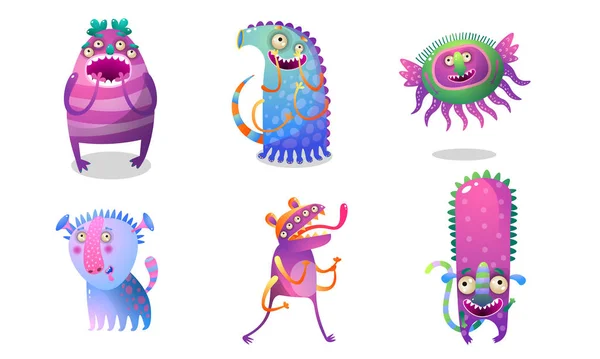 Lindo divertido espeluznante púrpura personajes monstruo ficticio vector ilustración — Vector de stock