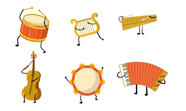 Différents instuments musicaux personnages avec mains et jambes illustration vectorielle — Image vectorielle