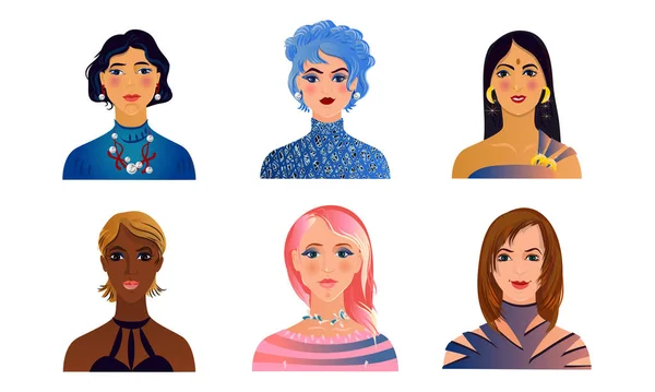 Visages de femmes de nationalités différentes, illustration vectorielle de teint — Image vectorielle