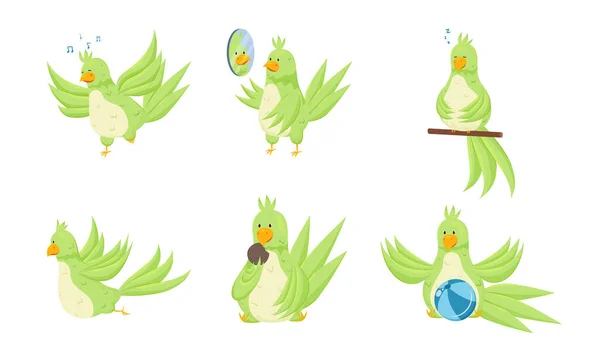 Lindos loros verdes divertidos disfrutando de la vida vector ilustración — Vector de stock