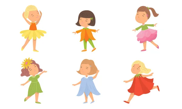 Niñas positivas en vestidos disfrutando de la vida vector ilustración — Vector de stock