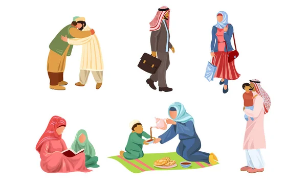 Familles musulmanes islamiques et personnes faisant des choses quotidiennes illustration vectorielle — Image vectorielle