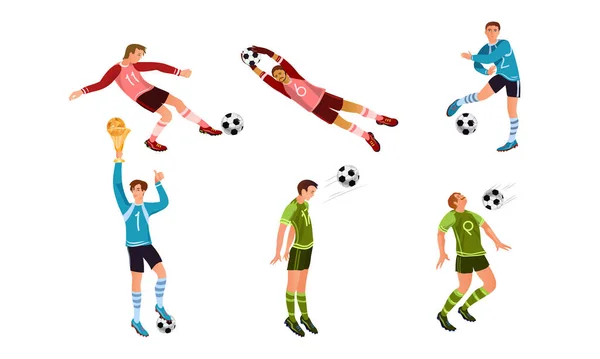 Jonge jongens football spelers spelen voetbal winnende kampioenschap vector illustratie — Stockvector