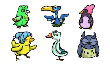 Hayat vektörü çiziminin tadını çıkaran sevimli renkli kuşlar.