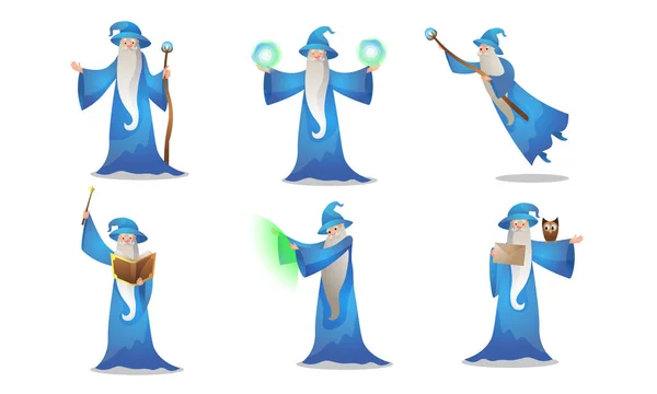 Set of colorful wizard character in different action situations. Vector illustration in flat cartoon style. — Stock Vector