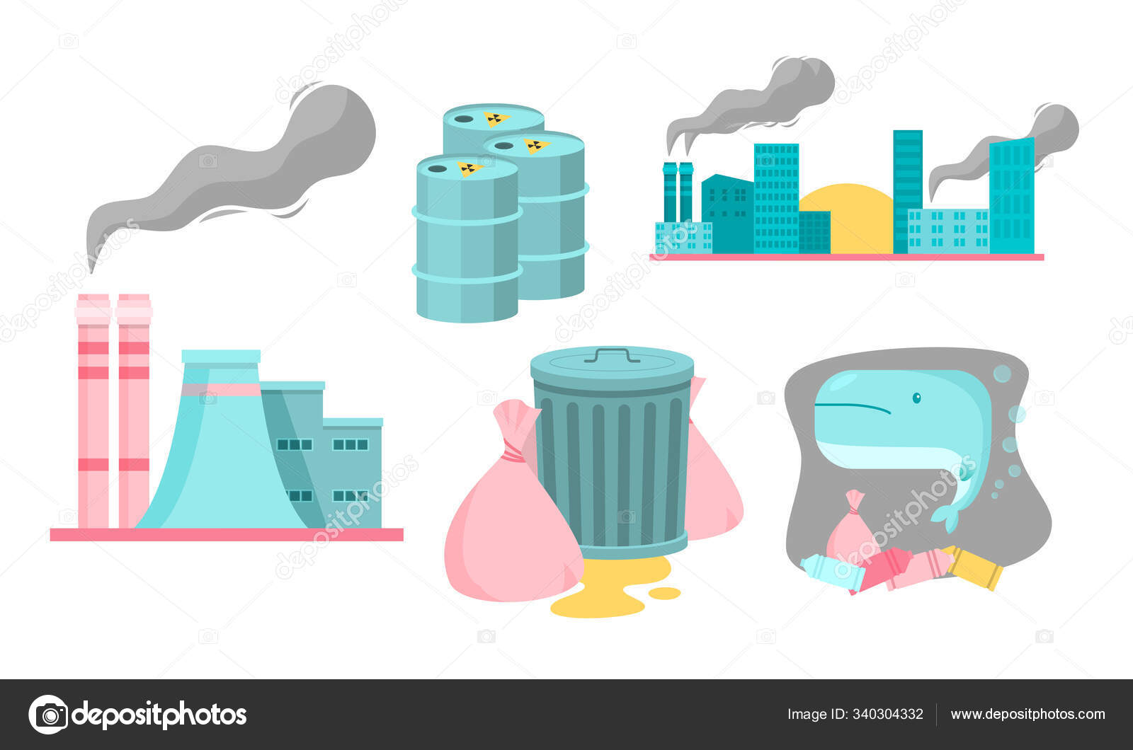 Set of various types of industrial pollution.Vector illustration in flat cartoon style. Stock