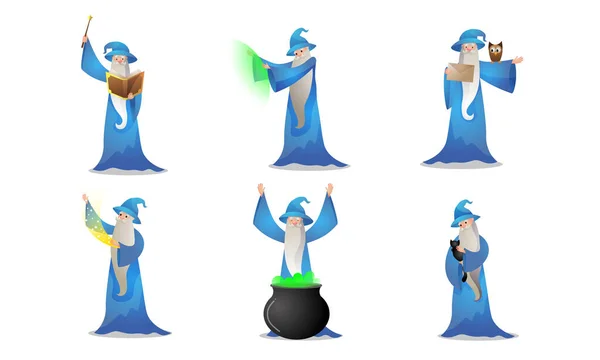 Set of colorful wizard character in different action situations. Vector illustration in flat cartoon style. — Stock Vector