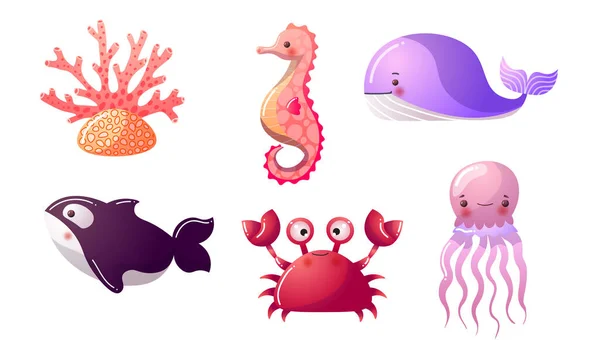 一组五彩斑斓的海洋和海洋生物.平面卡通风格的矢量插图. — 图库矢量图片