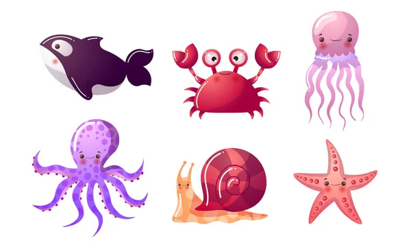 Ensemble de créatures marines et océaniques colorées. Illustration vectorielle en style dessin animé plat . — Image vectorielle